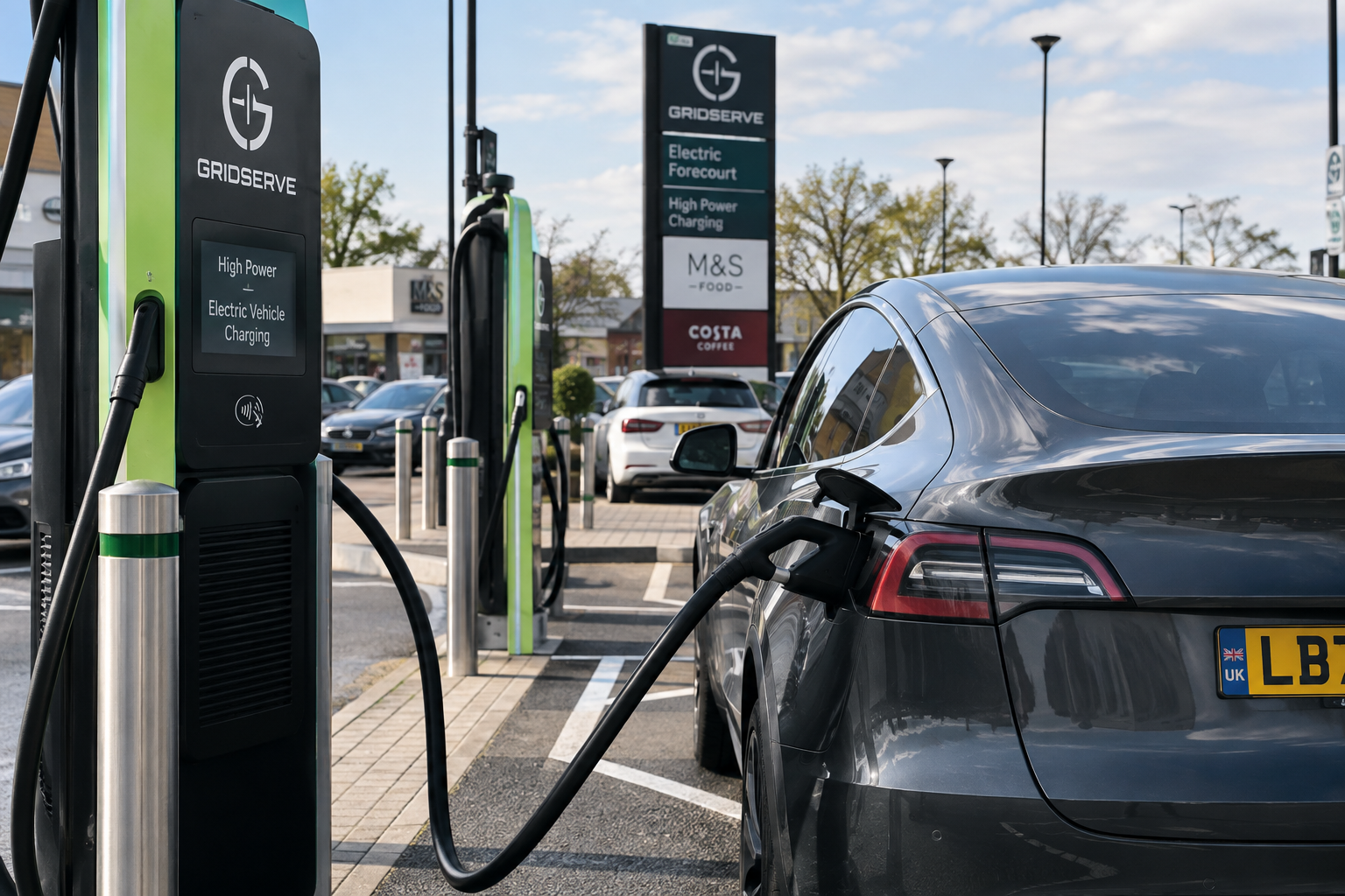 an electric car charging at a vehicle charging station