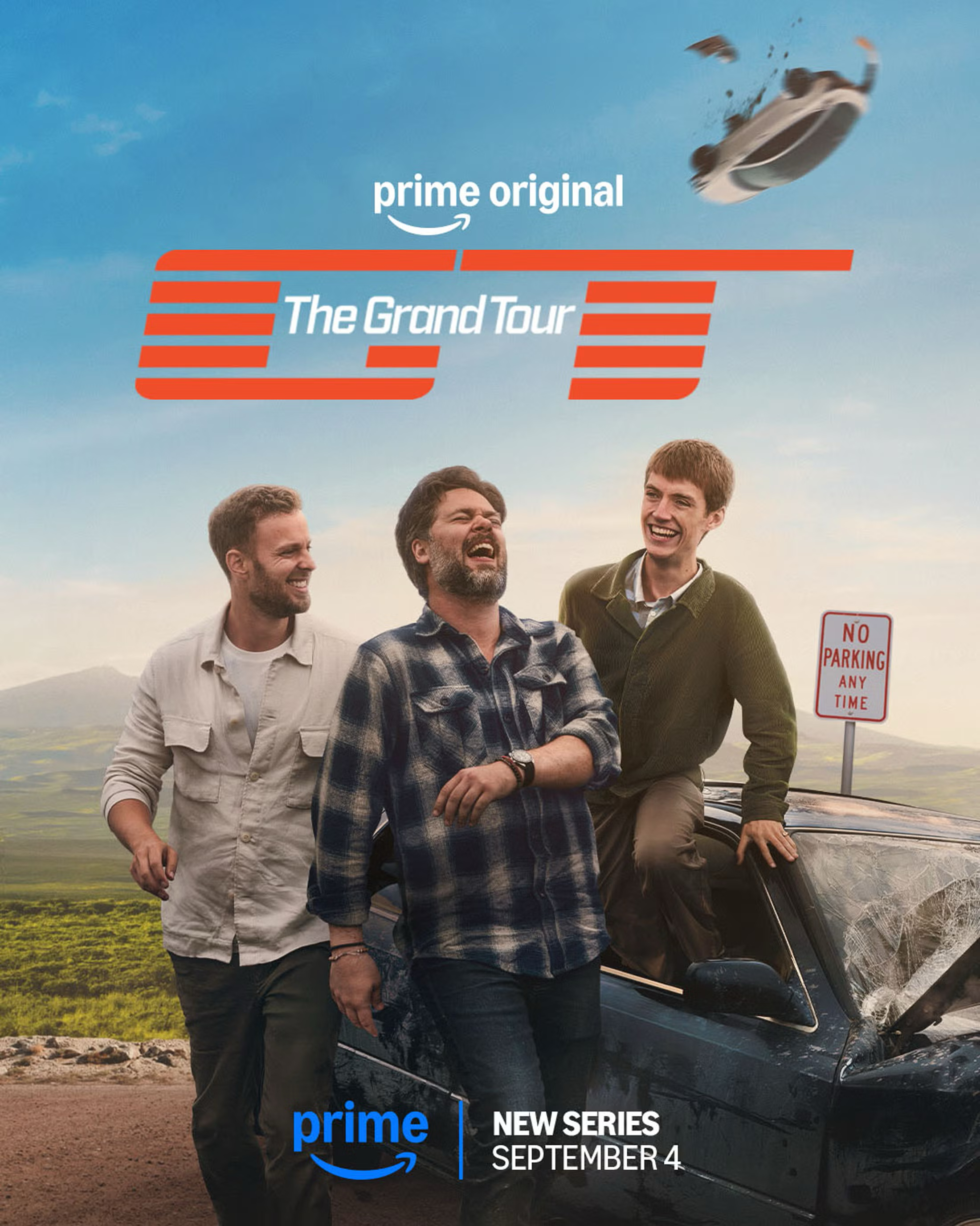 The Grand Tour 2026 new presenters standing beside a car in the official Prime Video promotional artwork