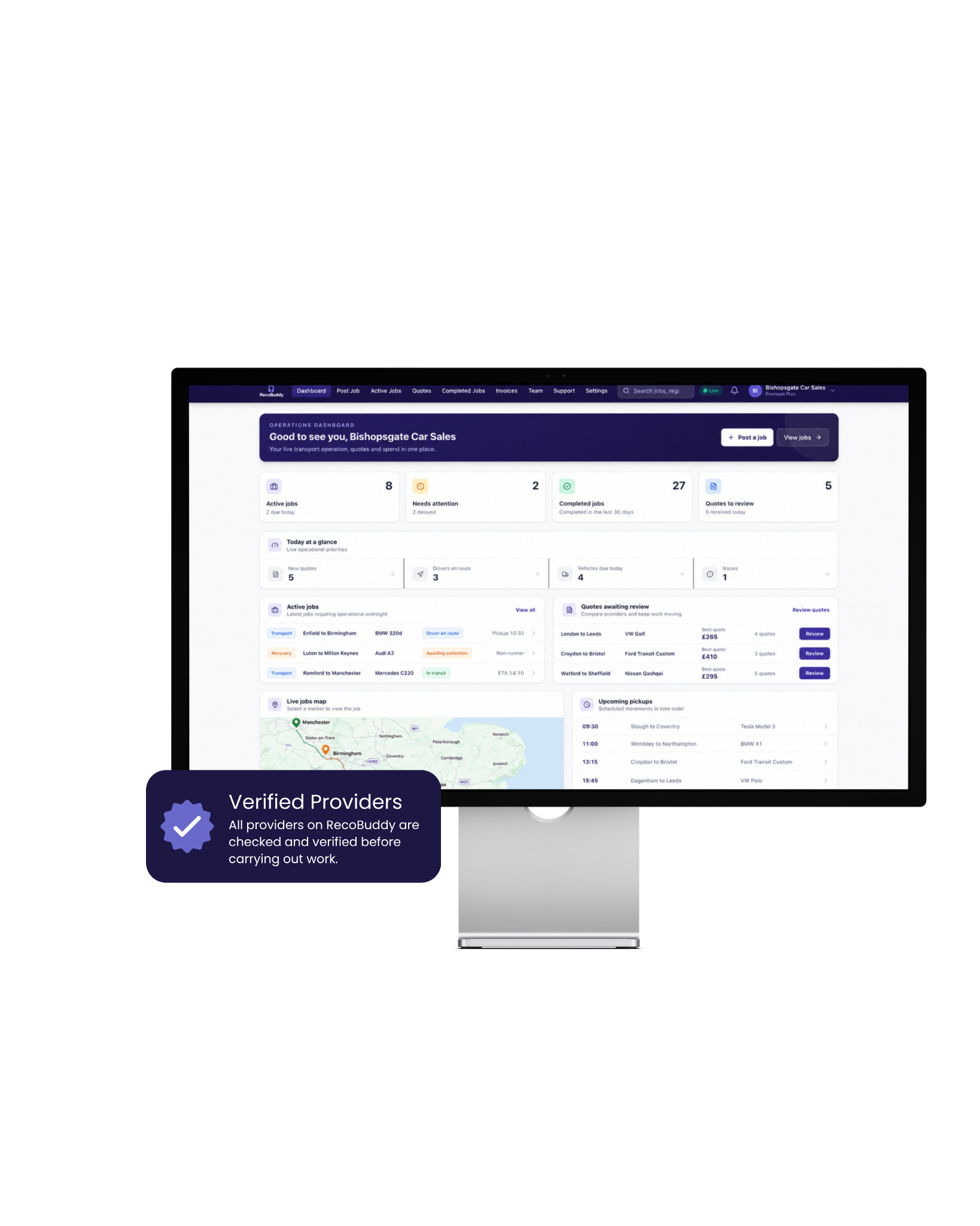 RecoBuddy business portal dashboard with active jobs, quotes, upcoming pickups and a verified providers badge.