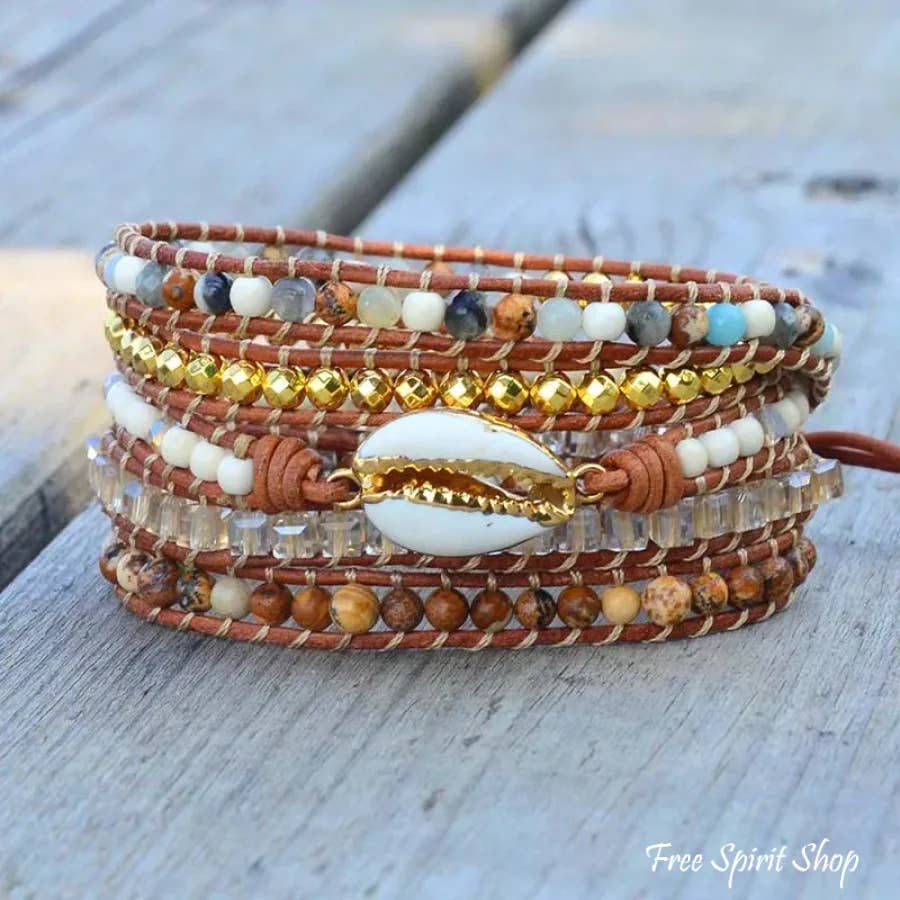 Natural Picture Jasper Stone & Seashell Bead Wrap Bracelet