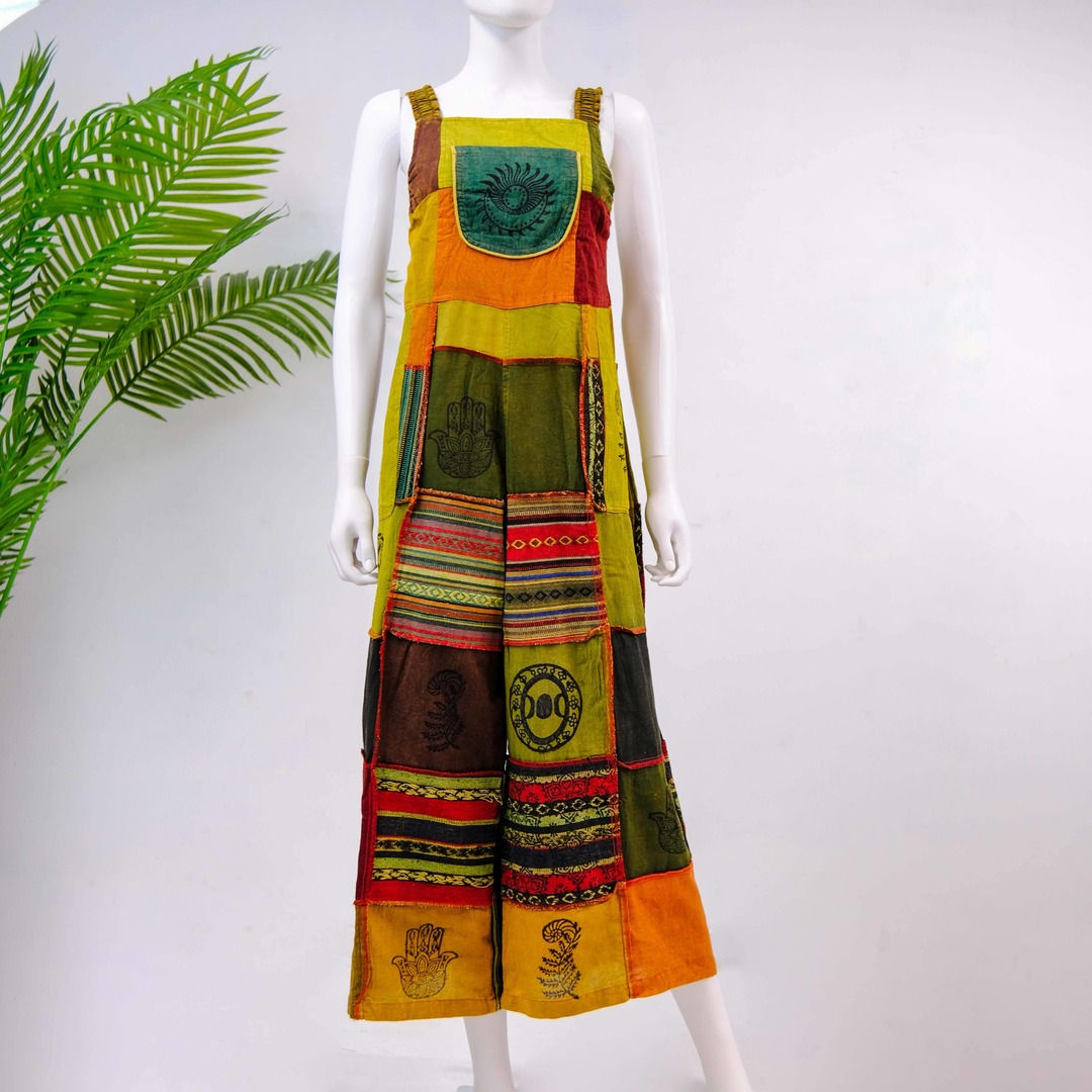 Bohemian Patchwork Wide Leg Jumpsuit with Pocket