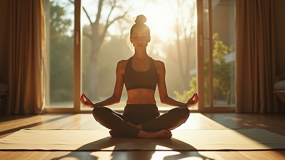 Eye-level view of a person practicing yoga in a serene environment