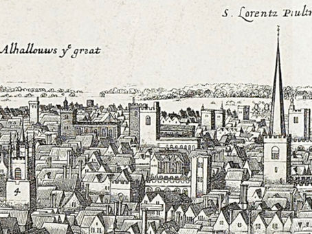 Detail from 'Panorama of London' - St Swithin's Church to left of St Laurence Poultney, Wenceslaus Hollar, 1647 © London Museum