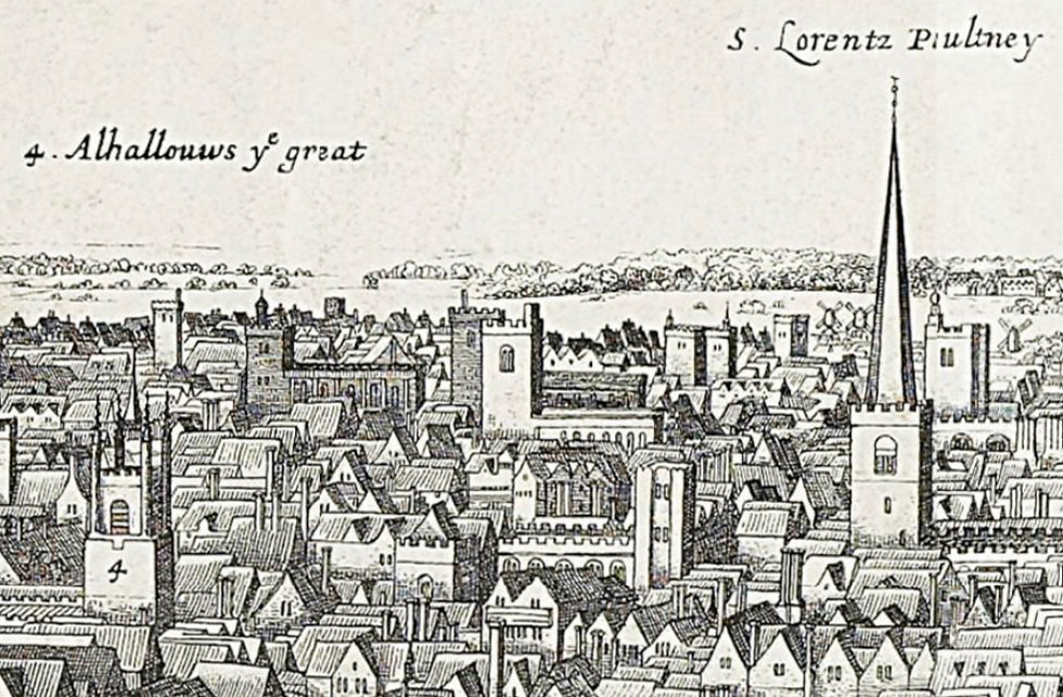 Detail from 'Panorama of London' - St Swithin's Church to left of St Laurence Poultney, Wenceslaus Hollar, 1647 © London Museum