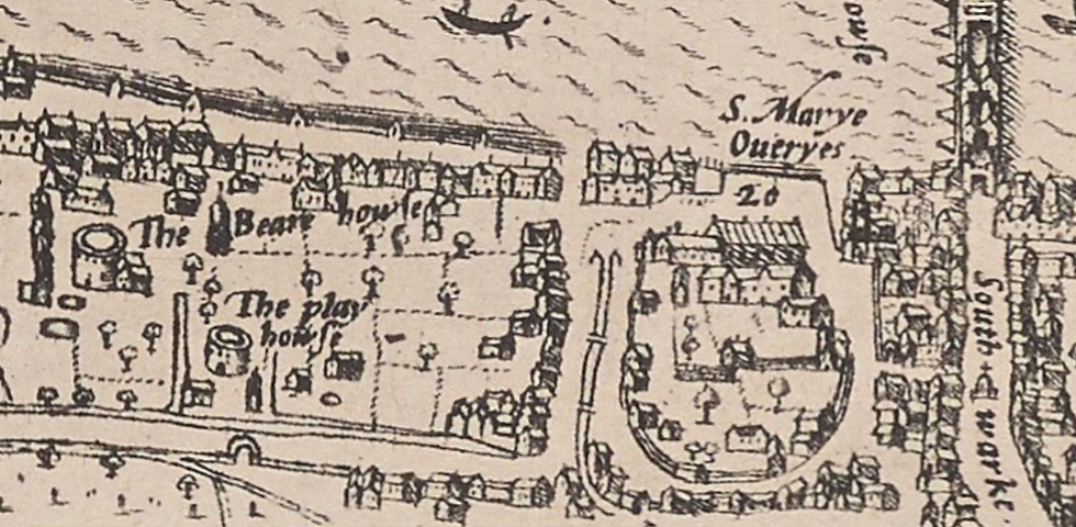 Detail from 'Norden's Map of London', depicting 'The play house' [The Rose]. Engraved by Pieter van den Keere © Yale University Library