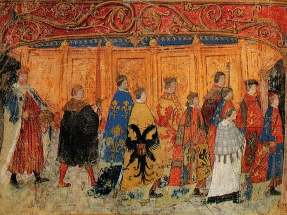 Procession of Order of the Garter, depicting Henry VIII (far left) and Henry Fitzroy (far right), from 'Liber Niger' © St George's Chapel, Windsor