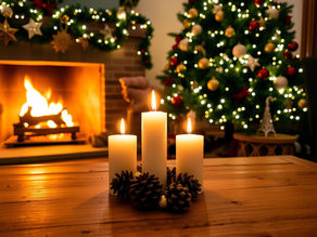 A cozy Christmas scene with three glowing candles amid festive pine branches and red berries, set against a decorated tree and warm holiday lights.