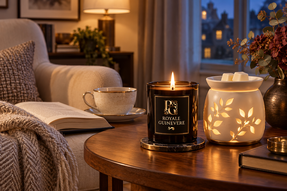 Royale Guinevere scented candle and wax warmer creating a cosy autumn evening atmosphere.