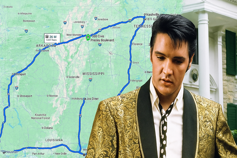 Man in a gold jacket stands before a map showing a looped route across Arkansas, Mississippi, and Tennessee. Route marked with blue lines.