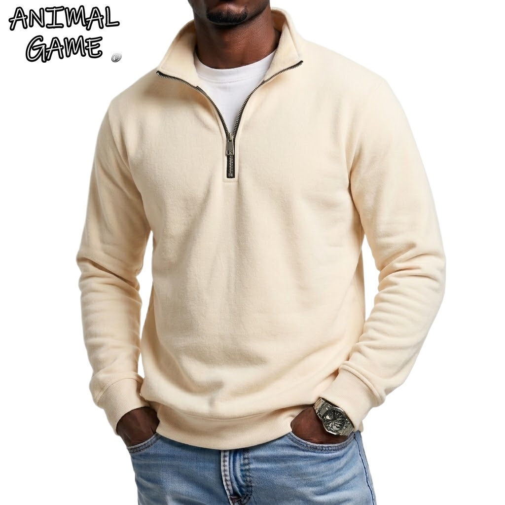 Men's zip-up sweatshirt, solid color, stylish and casual.