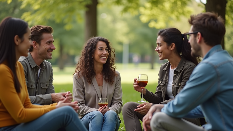 Eye-level view of a group of diverse friends enjoying a conversation in a park