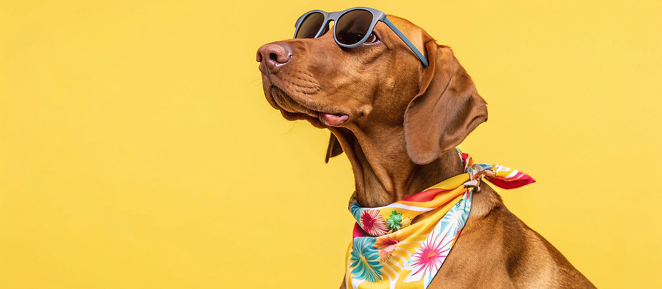 Stylish Vizsla wears sunglasses and a neckerchief, yellow backdrop This charming dog model