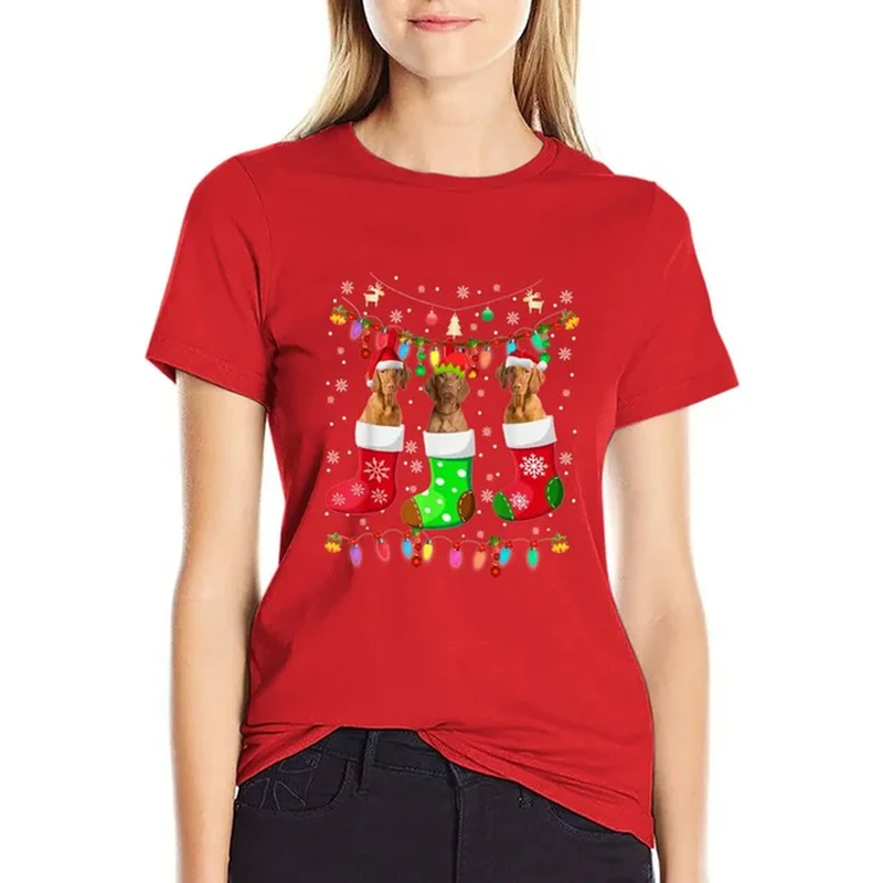 Miniatura: Camiseta Natalina Feminina / Hungarian Vizsla Dog Christmas T-Shirt for Women