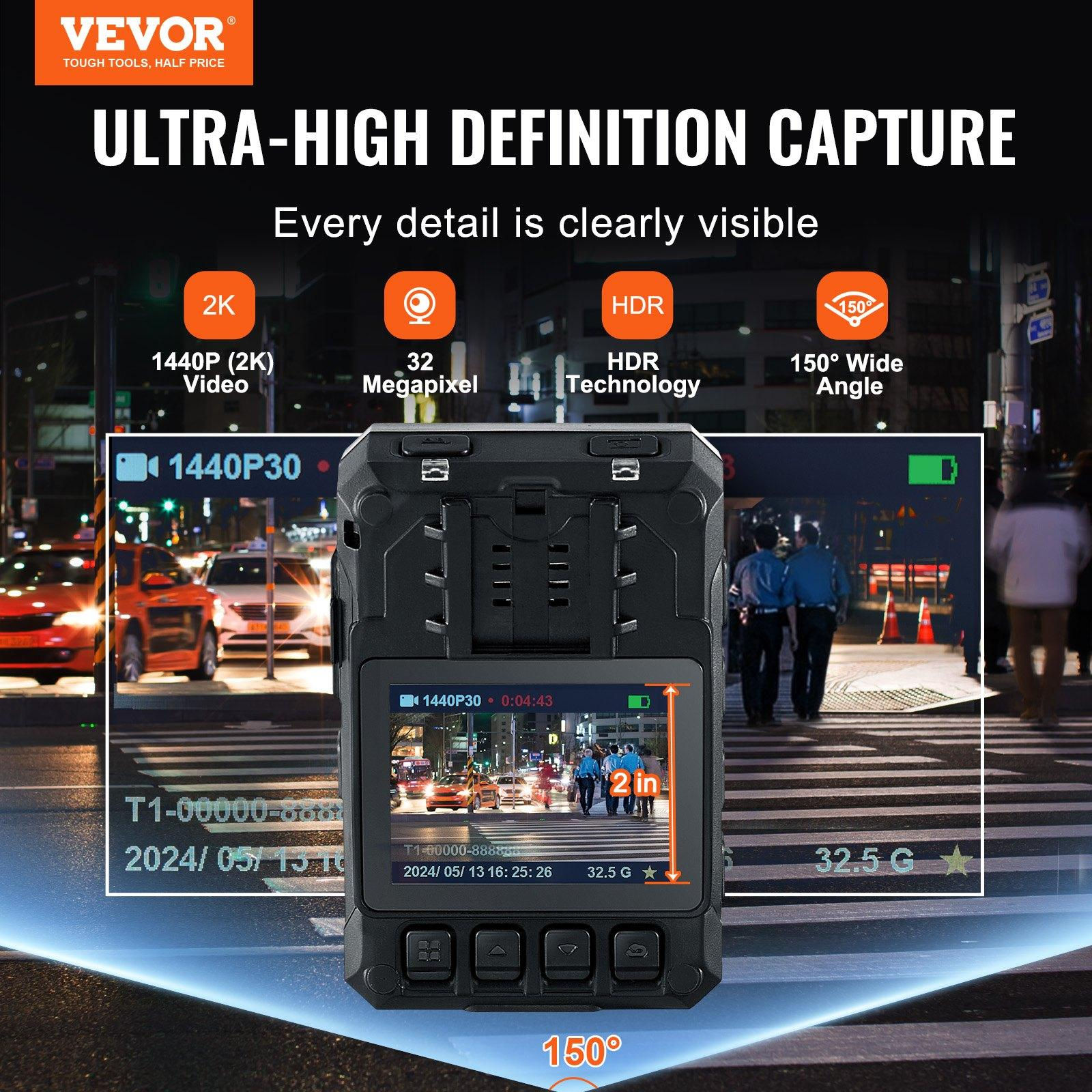 VEVOR 1440P HD Police Body Camera, 64GB Body Cam with Audio Video Recording