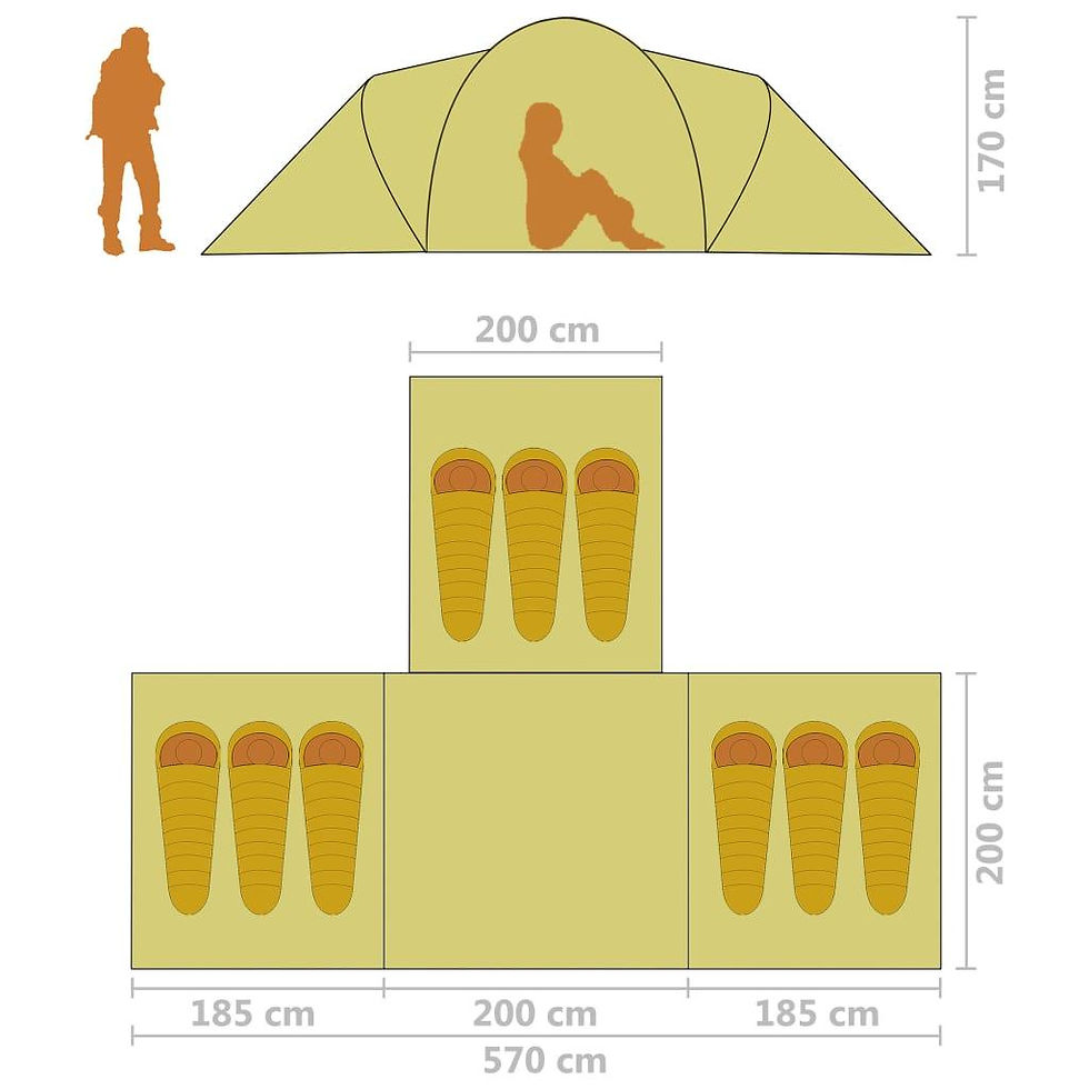Thumbnail: XL Camping Tent - 9 Persons Fabric Gray and Orange