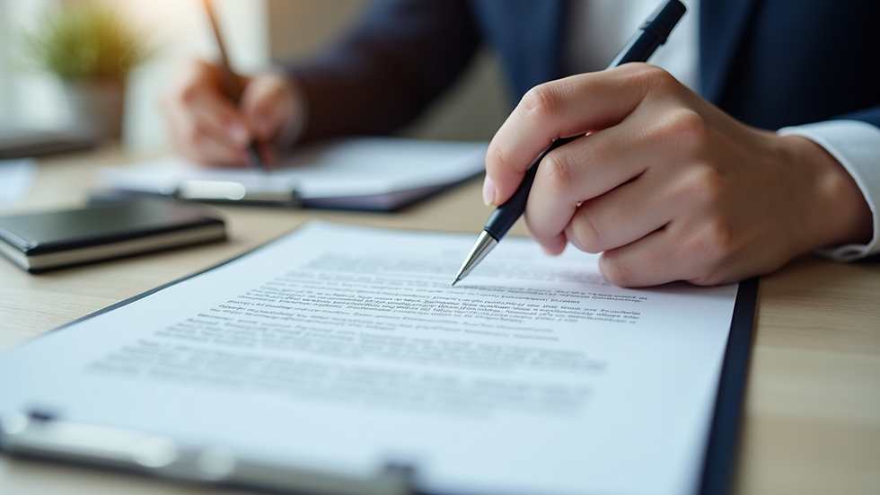 Close-up of a person reading an insurance policy document with a pen
