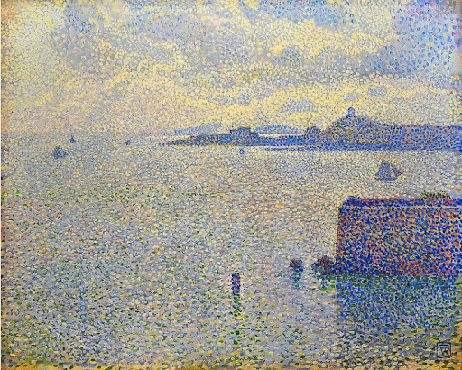An example of stippling in painting. Sailboats and Estuary by Théo van Rysselberghe. Oil on canvas, 1887.