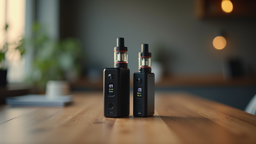 Nahaufnahme eines modernen Vape-Geräts auf einem Holztisch