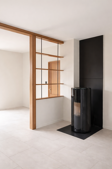 Poêle à bois intégré rénovation maison sobriété et confort thermique
