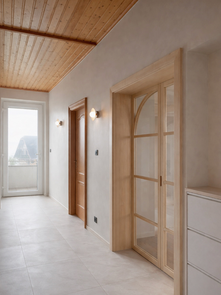 Couloir sobre et fonctionnel dans une maison de campagne, avec menuiserie sur mesure et rangements intégrés