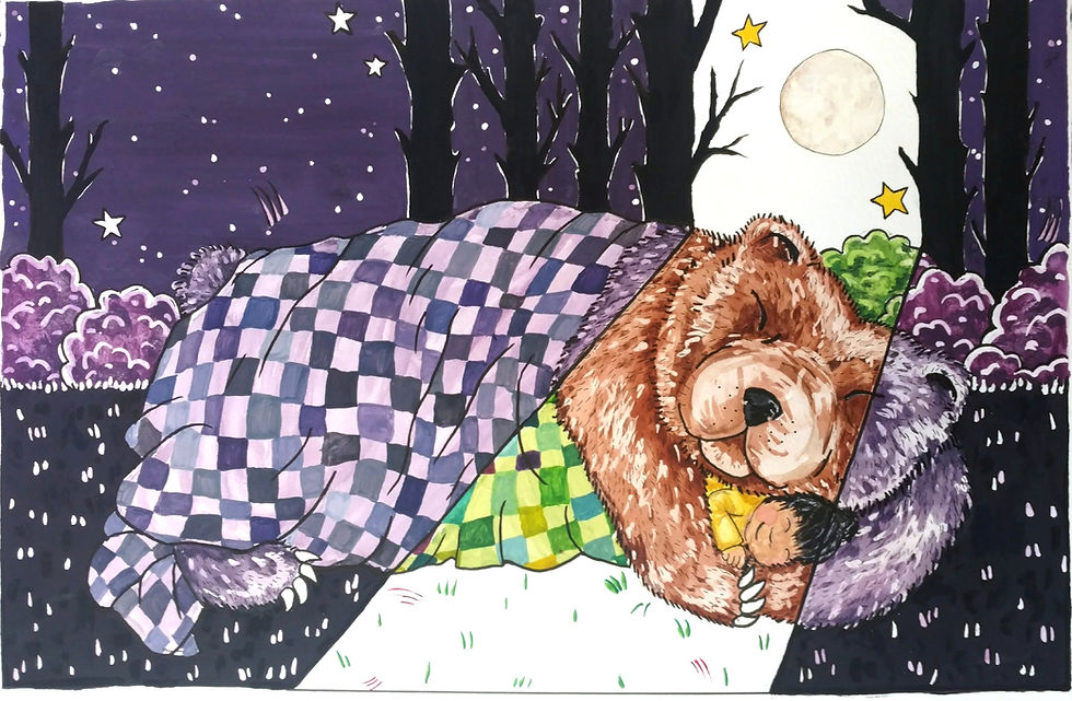 mama bear sleeping, cuddling with child watercolor illustration