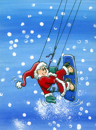 Cartoon showing a kitesurfing Santa  performing a jump whilst riding a kiteboard.