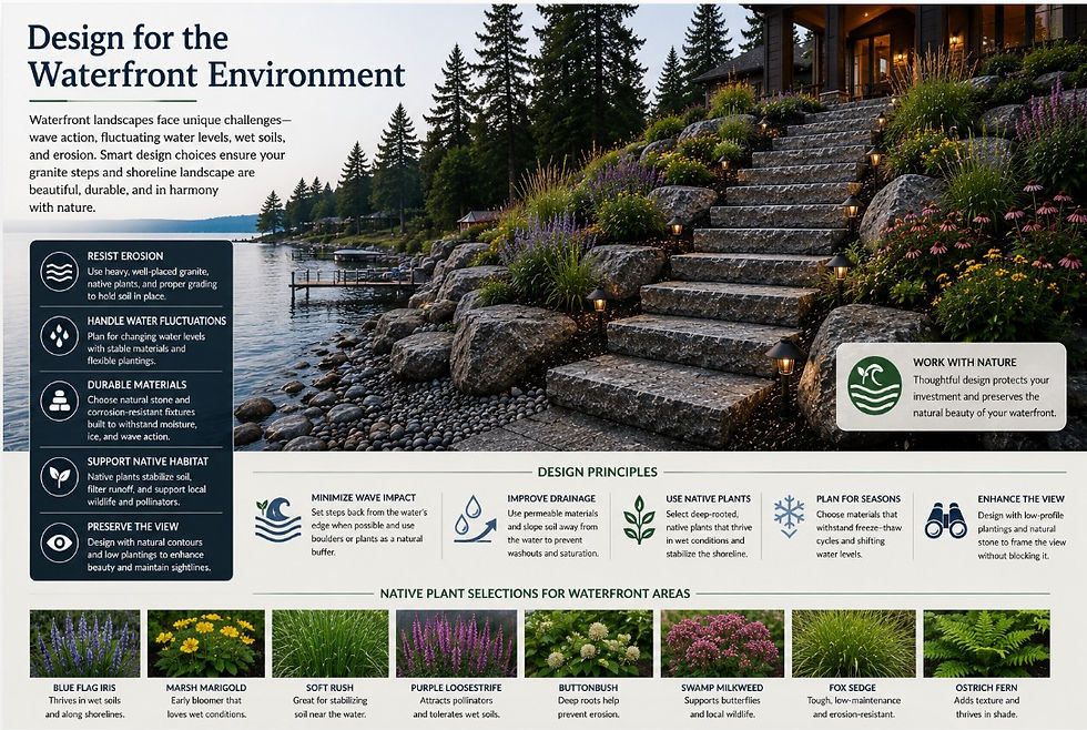 Waterfront granite steps and native landscaping designed for erosion-resistant shoreline environments