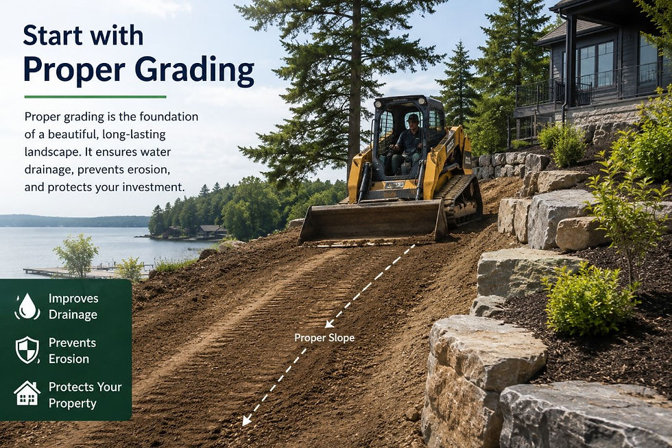 Skid steer grading a sloped waterfront landscape for proper drainage and erosion control