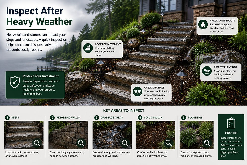 Post-storm inspection checklist for granite steps, drainage, retaining walls, and plantings