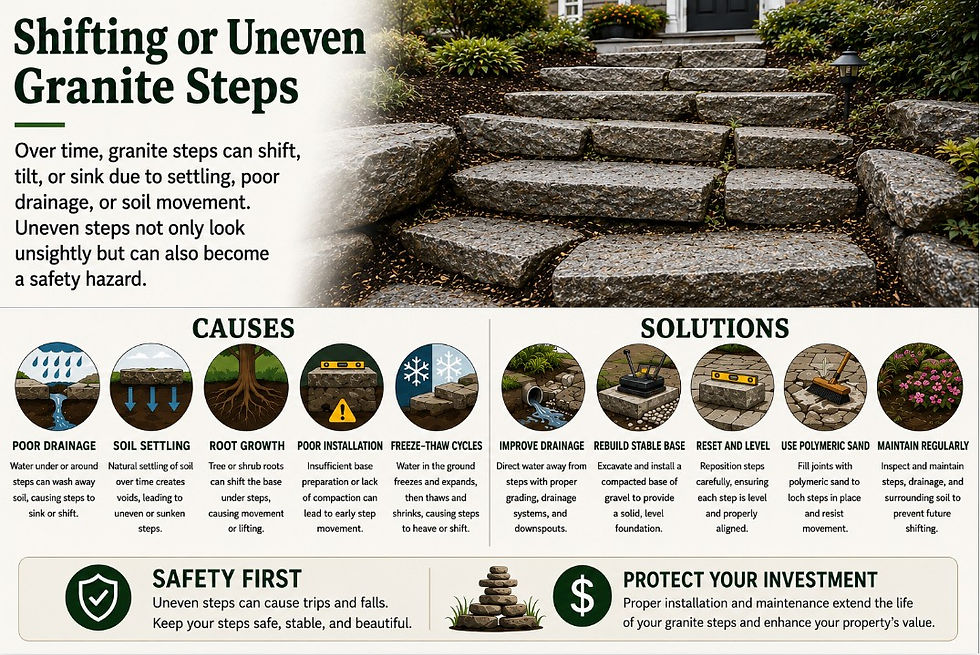 Shifting granite steps caused by drainage issues, settling, and soil movement