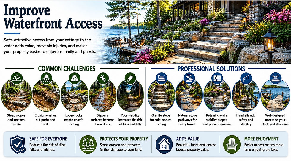 Luxury waterfront cottage with granite steps and safe lake access pathway