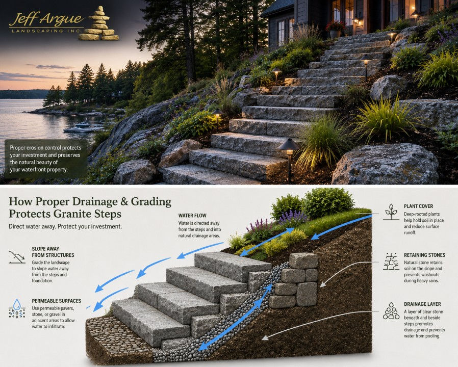 Drainage and grading diagram protecting granite steps on a waterfront landscape