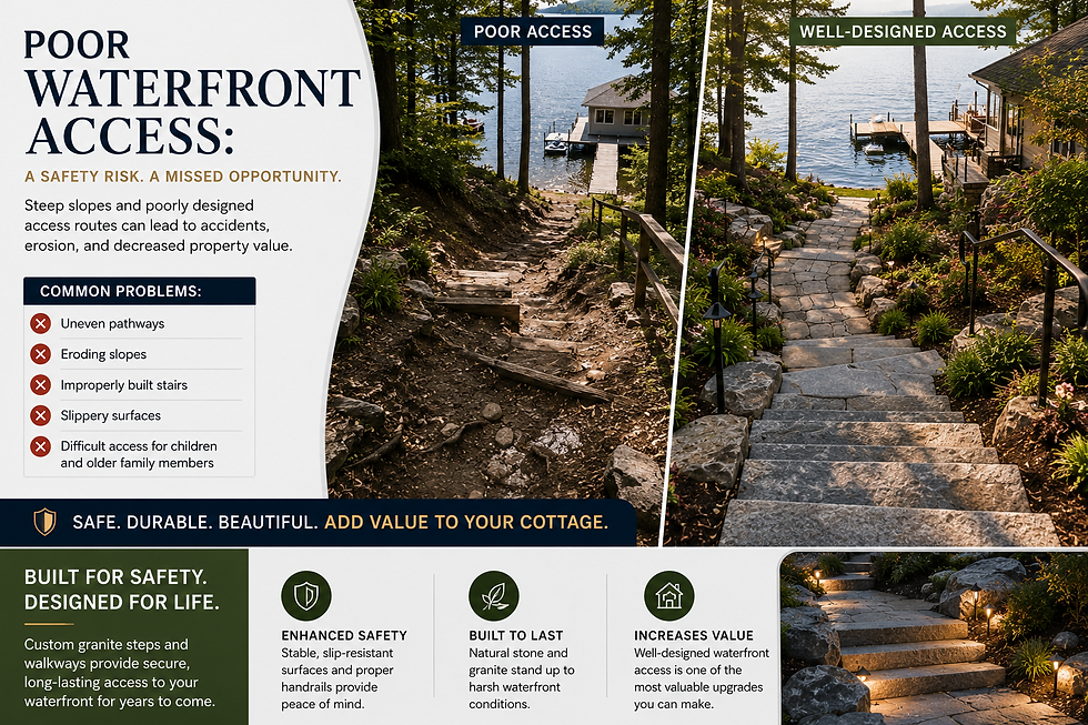 Granite waterfront steps and walkway improving cottage lake access