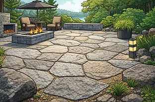 Custom stone patio for luxury cottage outdoor living by Jeff Argue Landscaping