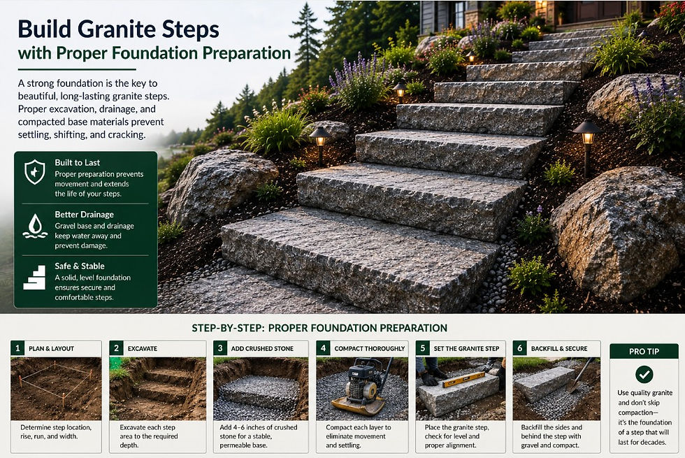 Granite step foundation preparation with drainage, compaction, and installation process infographic
