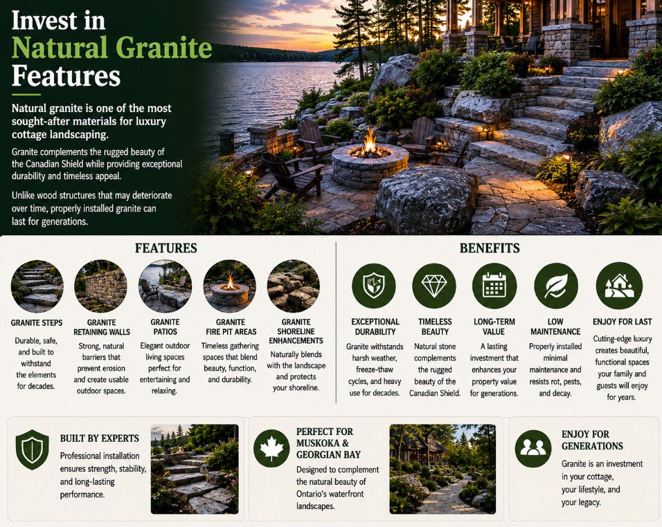 Luxury cottage granite landscaping with waterfront patio and stone steps