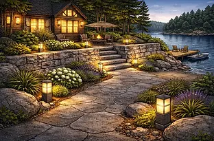 Custom outdoor lighting for luxury cottage landscapes by Jeff Argue Landscaping