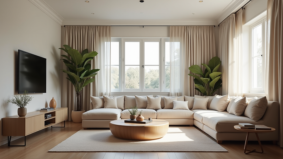 Eye-level view of a cozy transitional living space with comfortable furniture