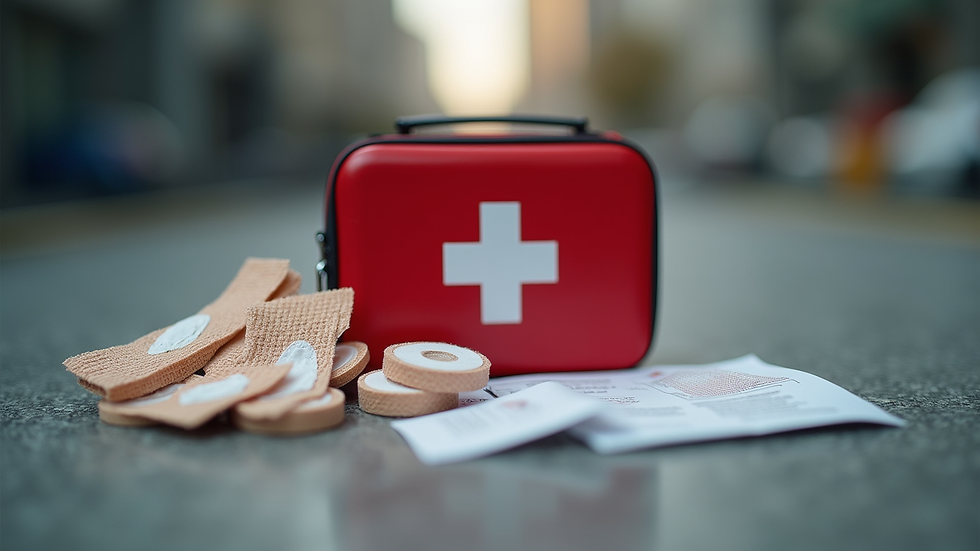 Close-up view of a first aid kit with bandages and medical supplies