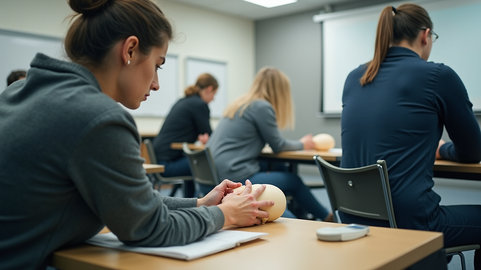 Eye-level view of a classroom with participants practicing first aid techniques