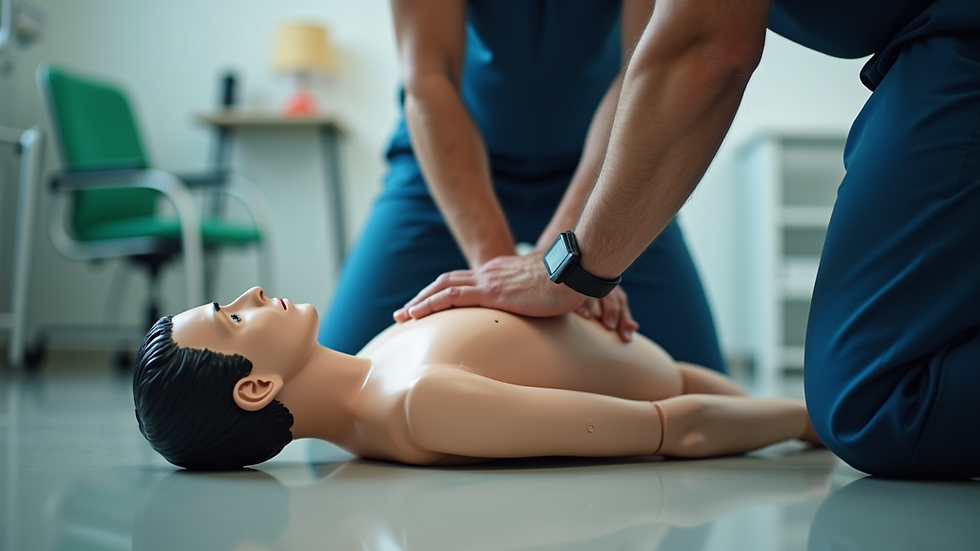 Eye-level view of a first aid training session with a man practicing CPR on a dummy