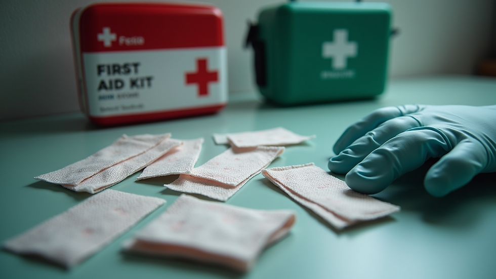 Close-up view of a first aid kit with bandages and gloves