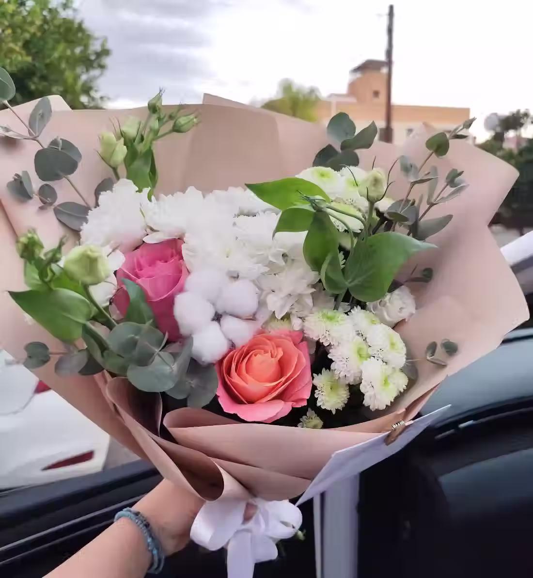 Pure Serenity Bouquet with roses, chrysanthemums, lysianthus, cotton and eucalyptus