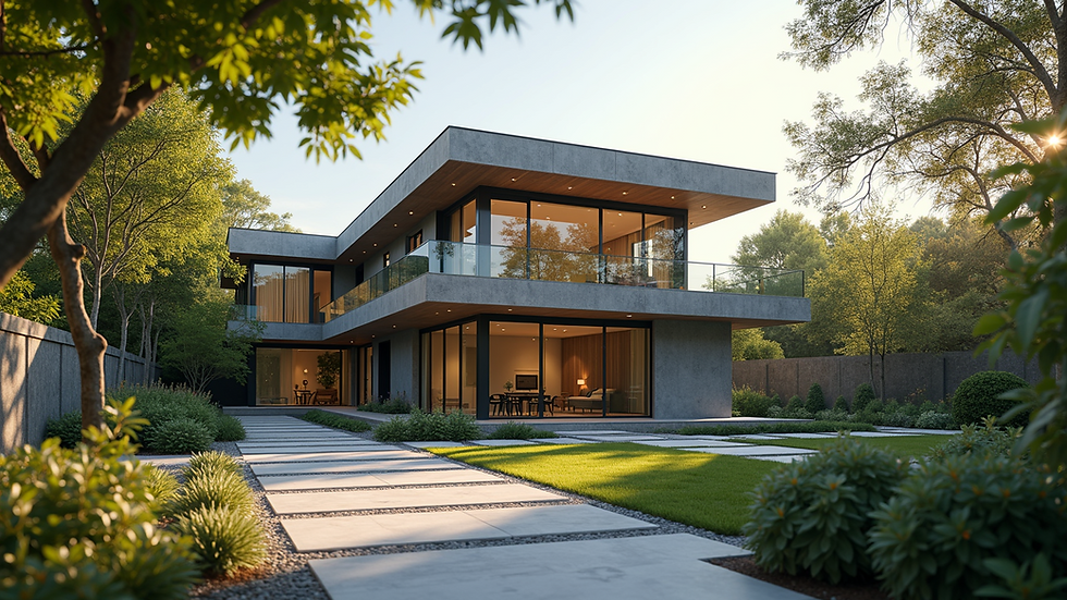Eye-level view of a modern ADU with large windows and a landscaped garden