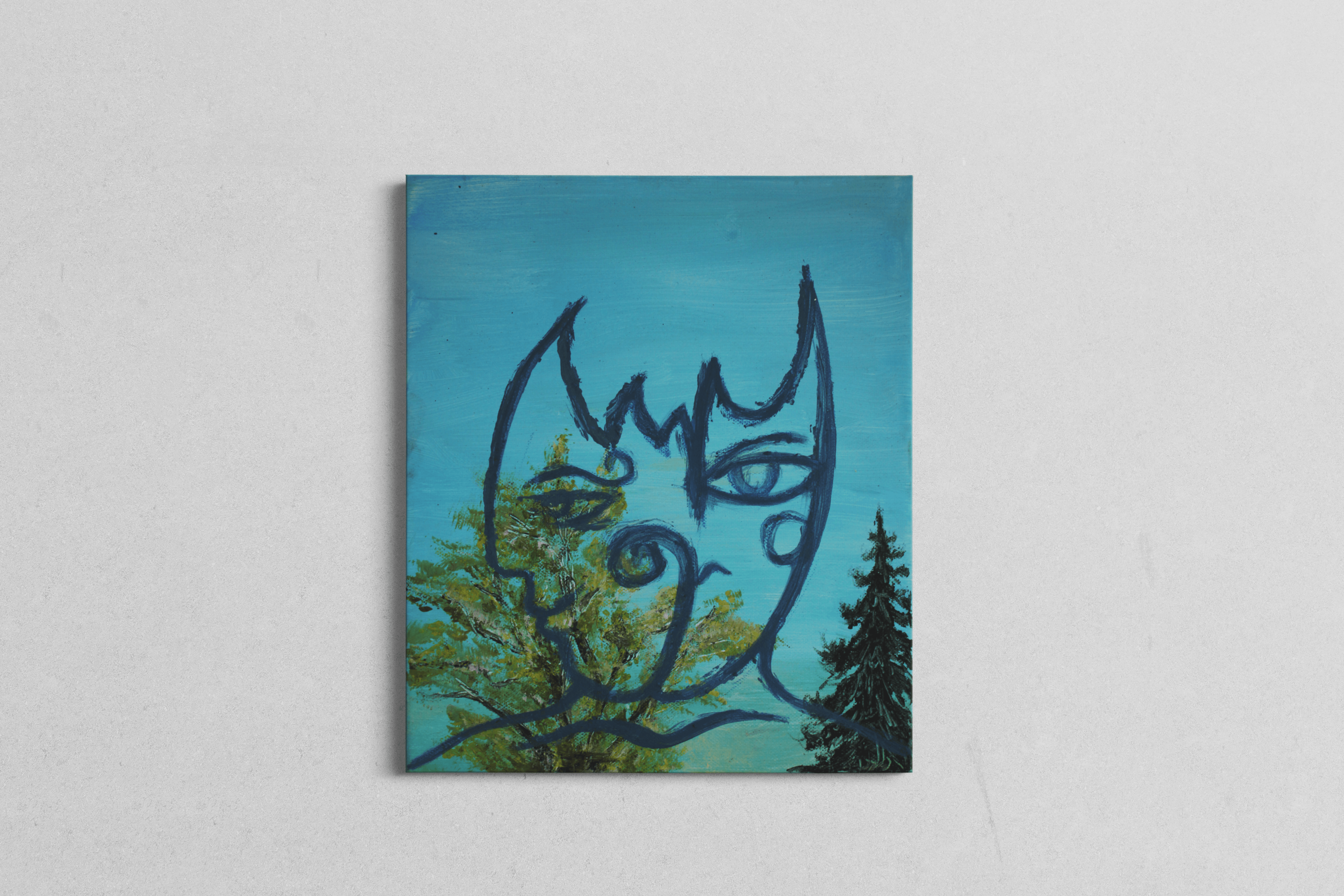Expressionist landscape painting by Raik Holetz in bright, diffuse daylight, showing a fluid, surreal face melting organicall