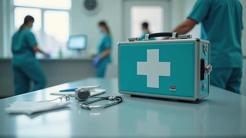 Close-up view of a nurse's medical kit on a table