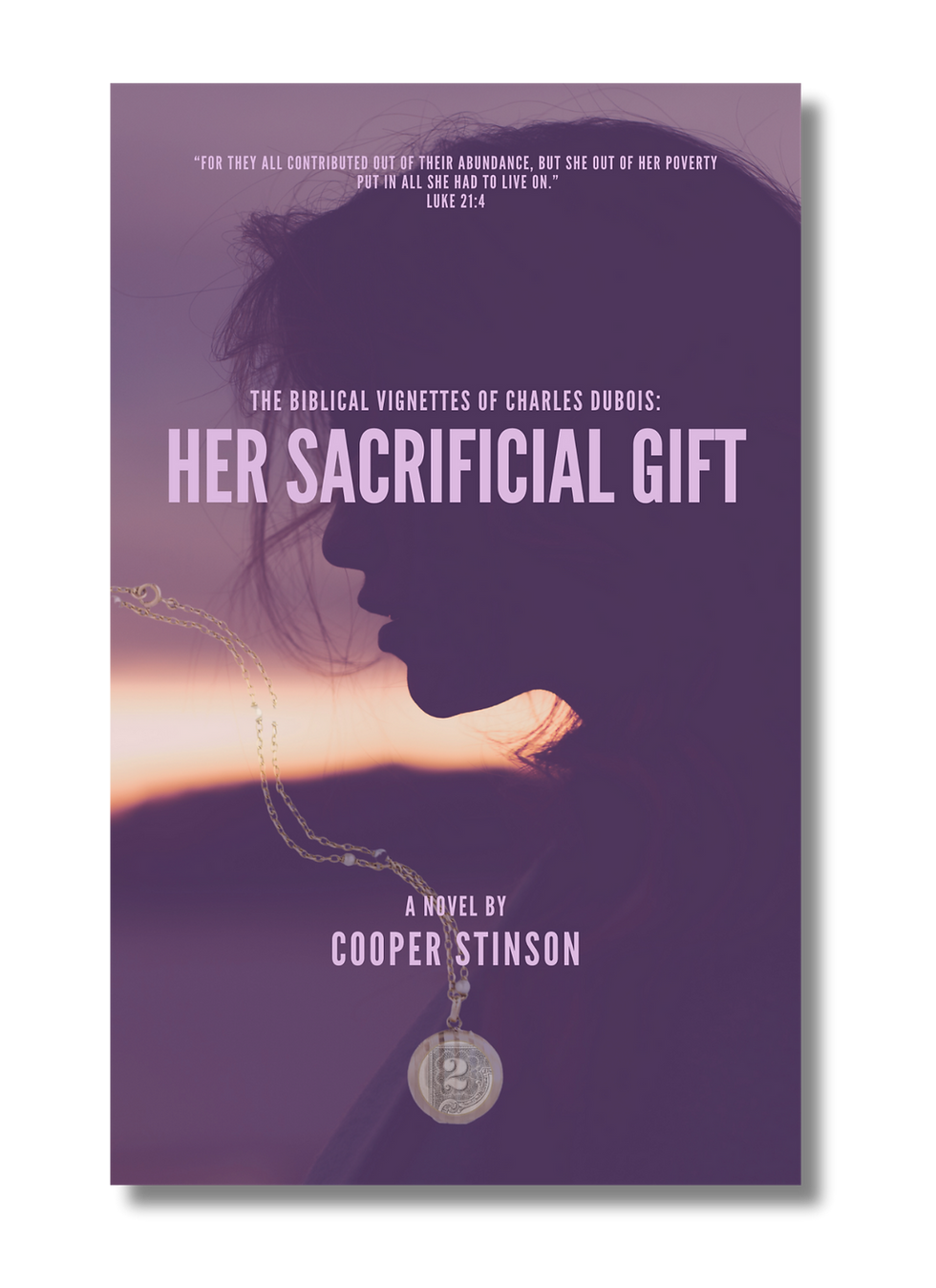 Book cover for 'Her Sacrificial Gift' by Cooper Stinson, featuring a silhouette of a woman with a coin necklace, set against