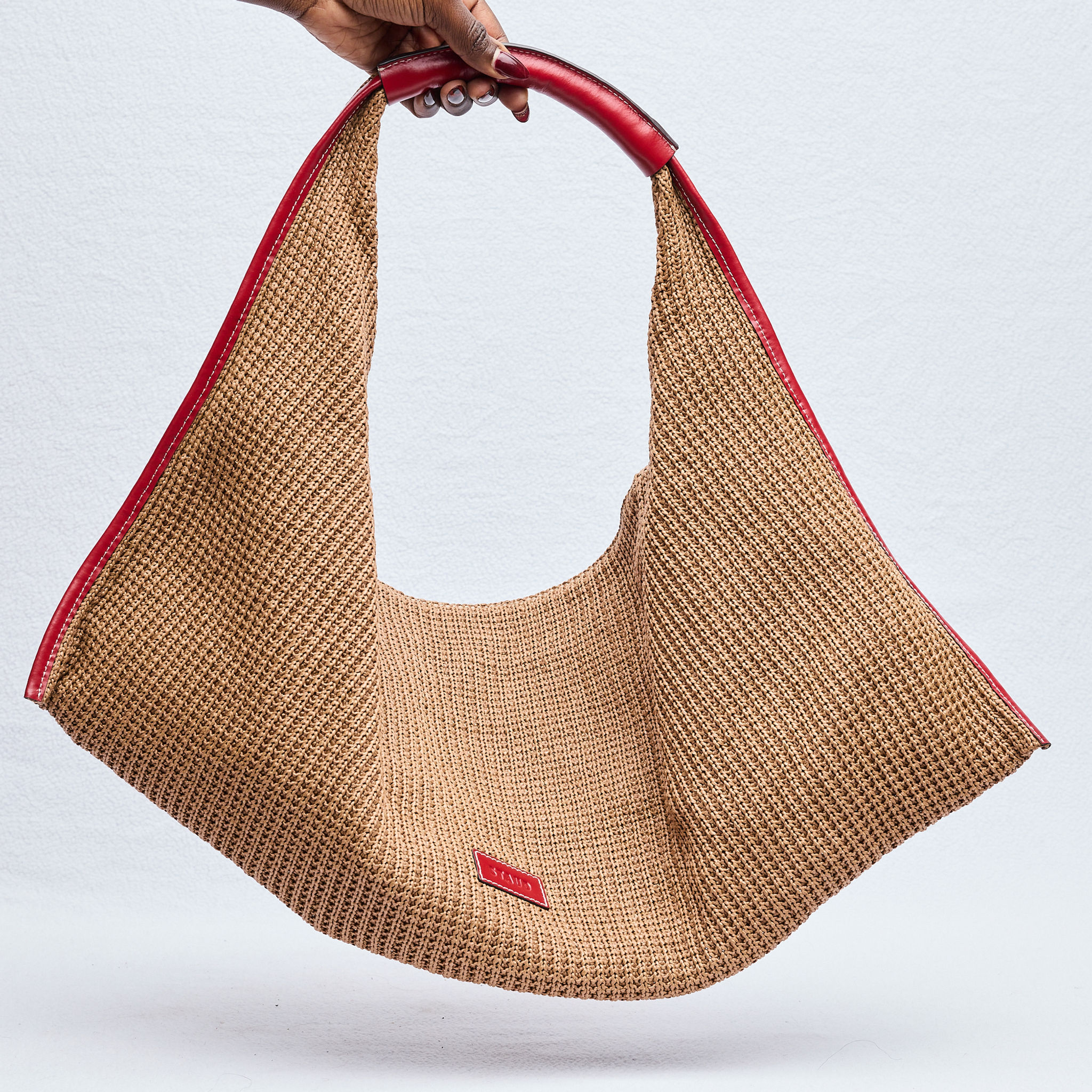 Staud Large Jetson Raffia Tote Tan Scarlet