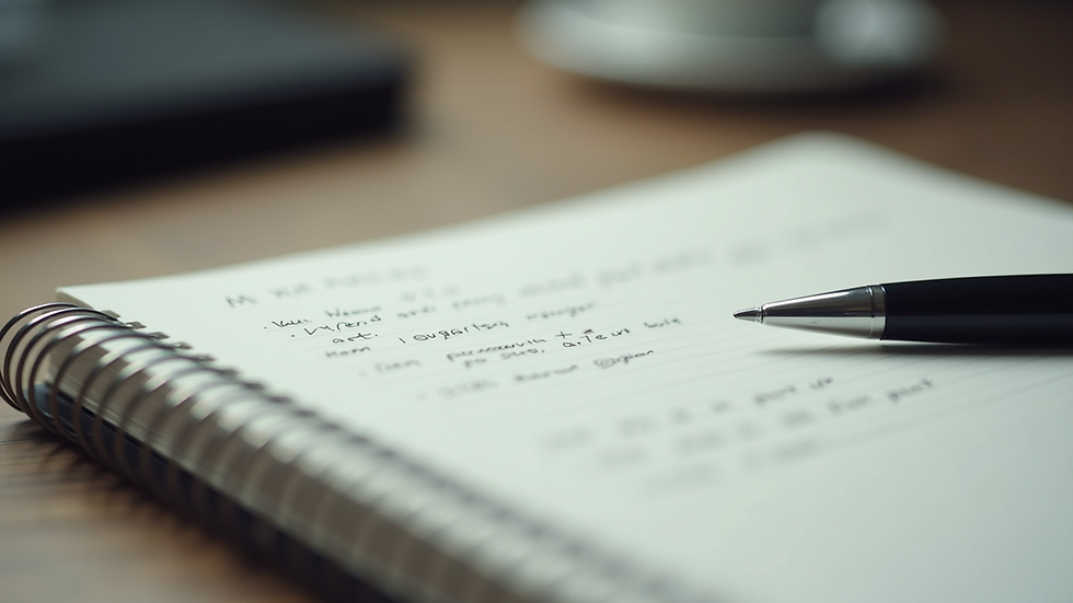 Close-up view of a notebook with handwritten notes and a pen resting on it