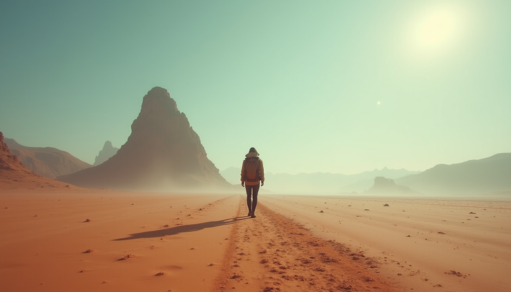 Eye-level view of a lone traveler standing at the edge of a vast alien landscape